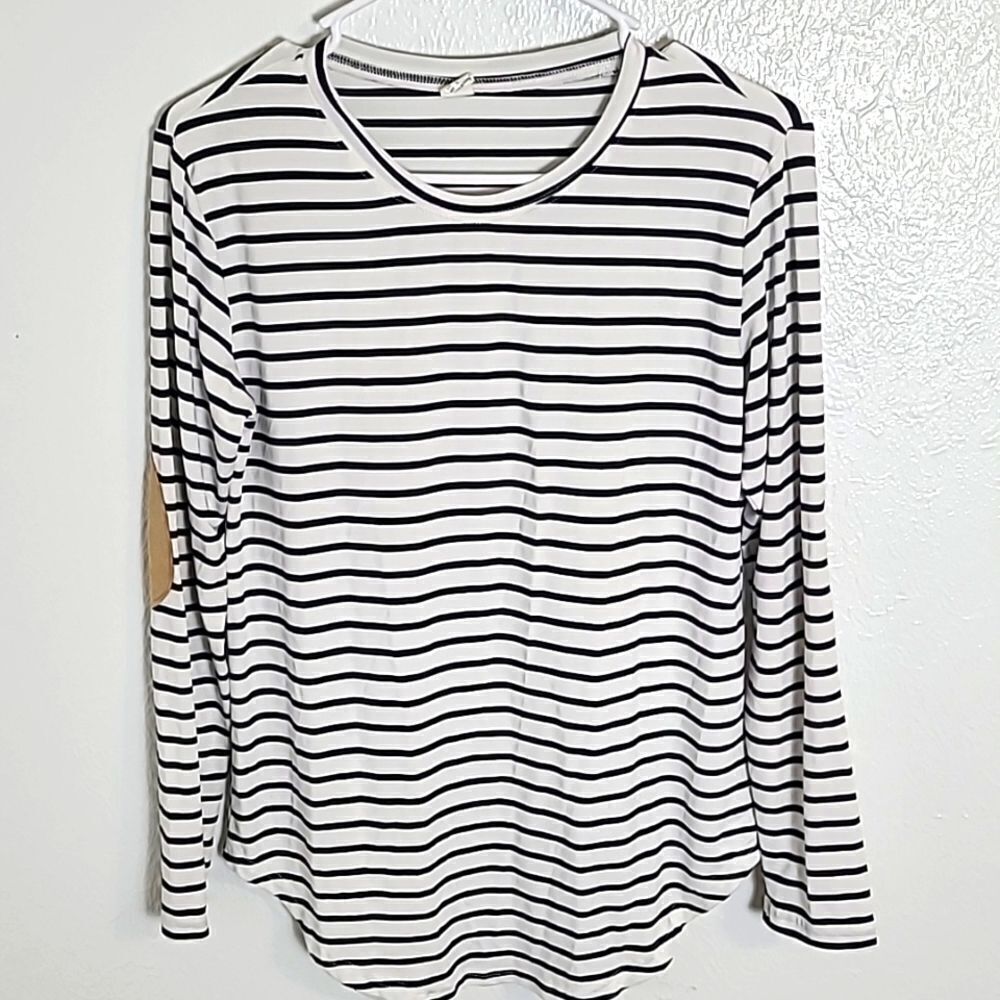 Pullover White Jersey Top with Navy Stripes & Tan Elbow Patches,  Size Small